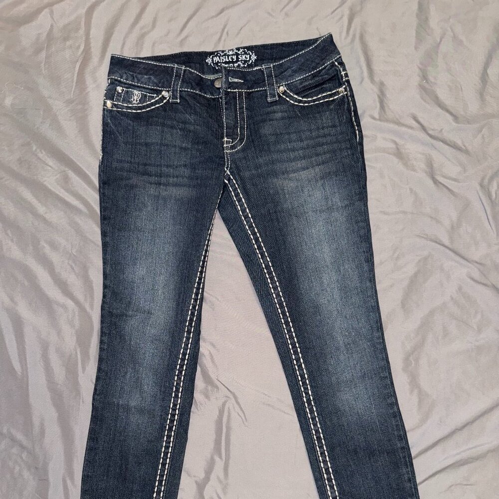 Paisley Sky Embellished Skinny Jeans Size 4 Dark Wash Rhinestone Pocket